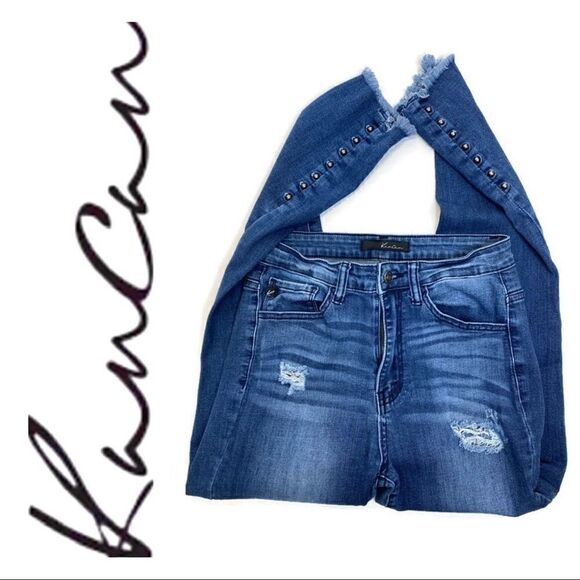 KanCan Ripped High Waist Skinny Jeans with Raw Hem and Button Details - Picture 2 of 5